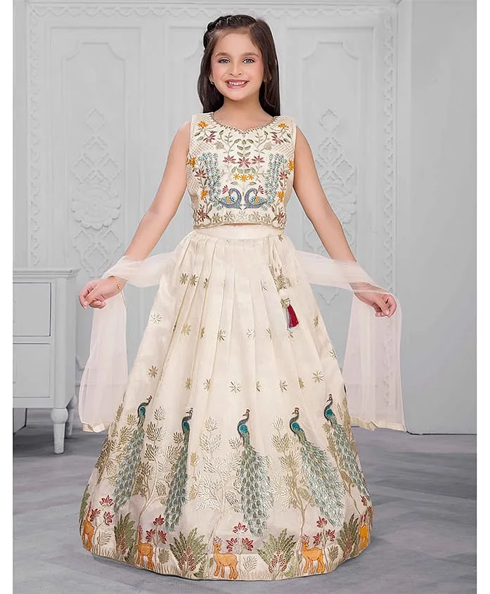 Aromie Girls Indian Ethnic Dress for Girls Canada in cream with peacock embroidery, perfect for festive occasions