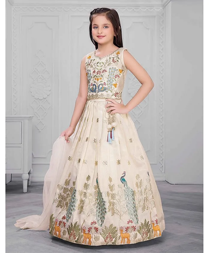 Aromie girls Indian ethnic dress for girls Canada in cream color with floral embroidery, ideal for festive occasions.