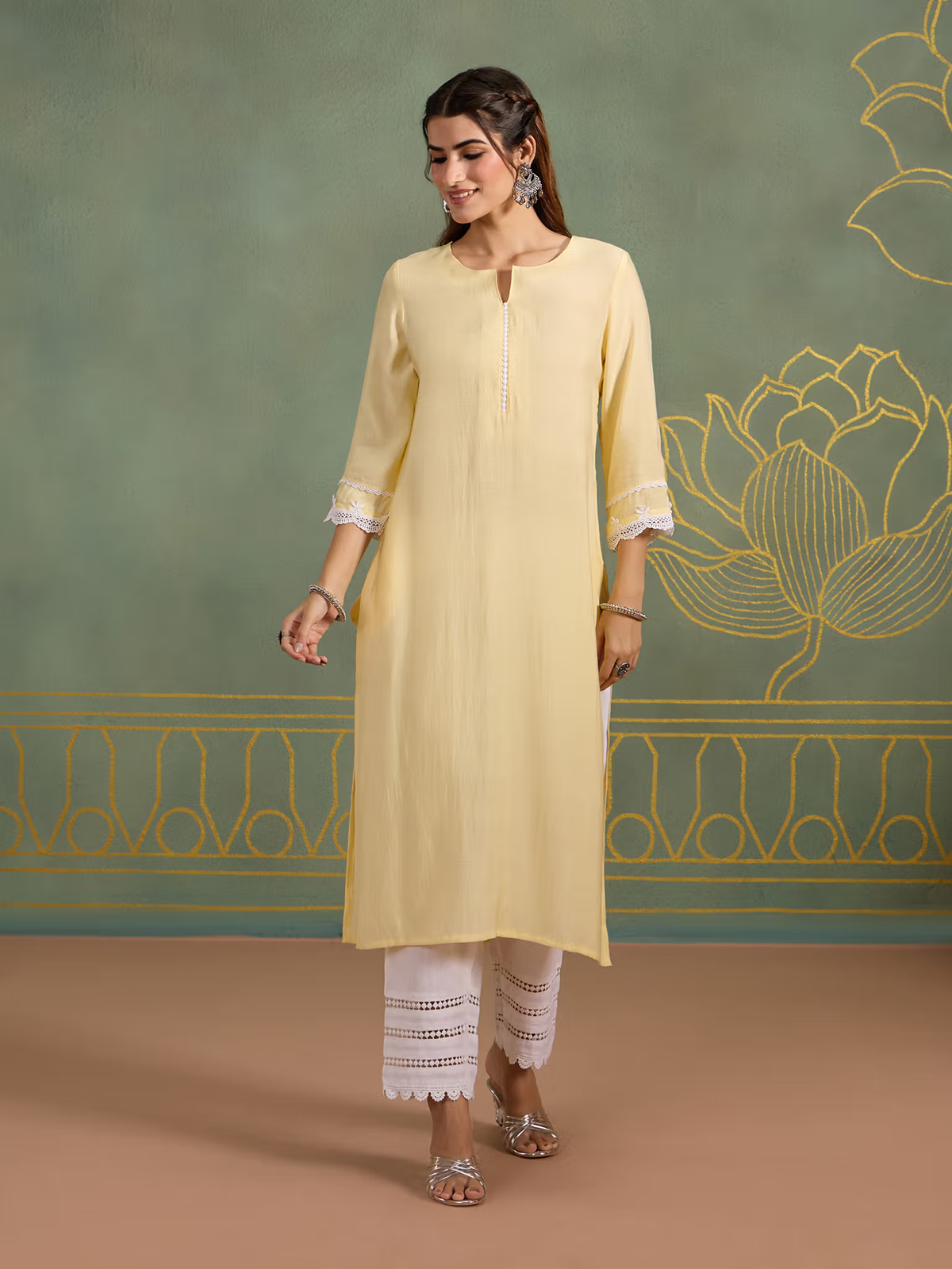 Aromie yellow single piece kurta with lace sleeve detail styled as Indian fusion jumpsuit