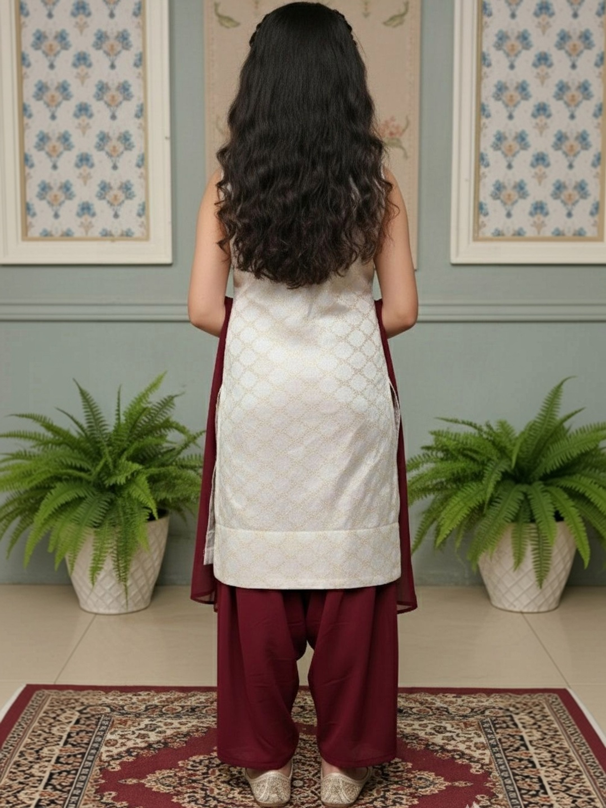 Back view of an Aromie girls dress in burgundy and white fabric, perfect for festive occasions and weddings in Canada