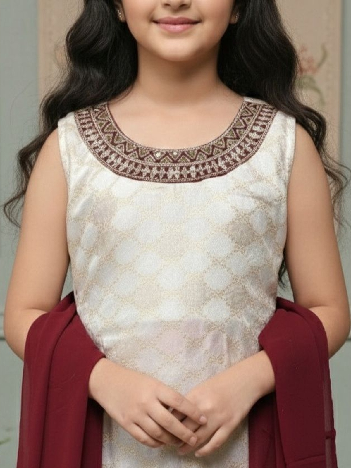 Aromie Girls Indian Dress in beige with intricate neckline embroidery, perfect for special occasions in Canada.