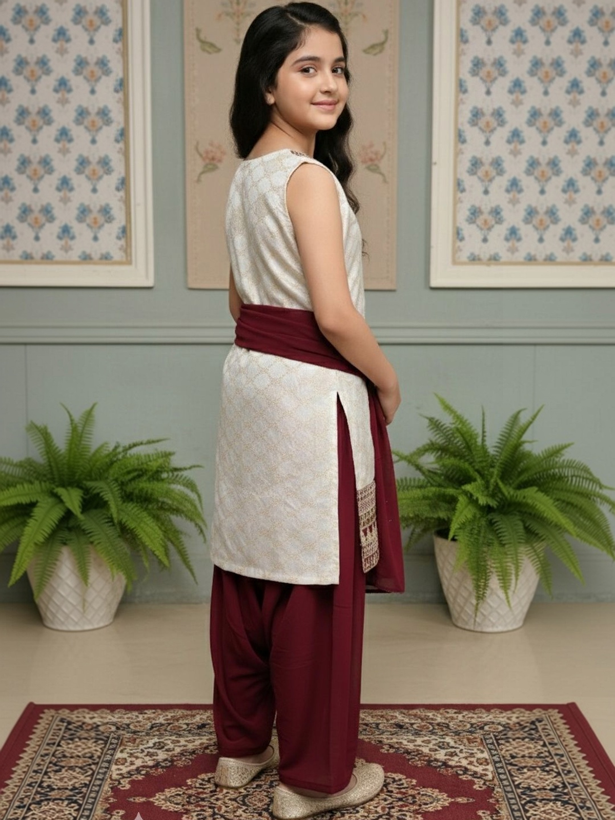 Aromie Indian Girls Dress Canada in cream and burgundy with intricate detailing, perfect for festive occasions