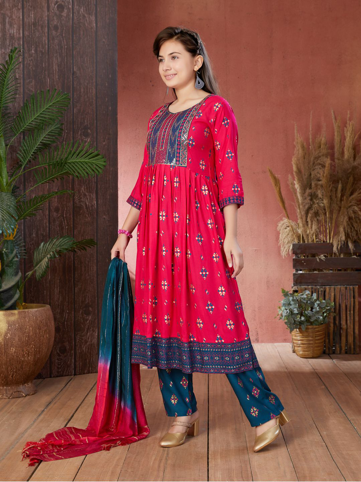 Aromie Indian Girls Dress USA in vibrant pink and blue, featuring intricate embroidery, perfect for festive occasions.