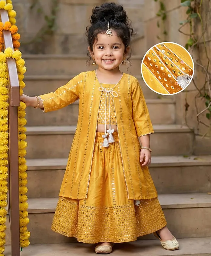 Aromie Indian Girls Kurta USA in vibrant yellow with detailed embroidery, perfect for festive occasions.