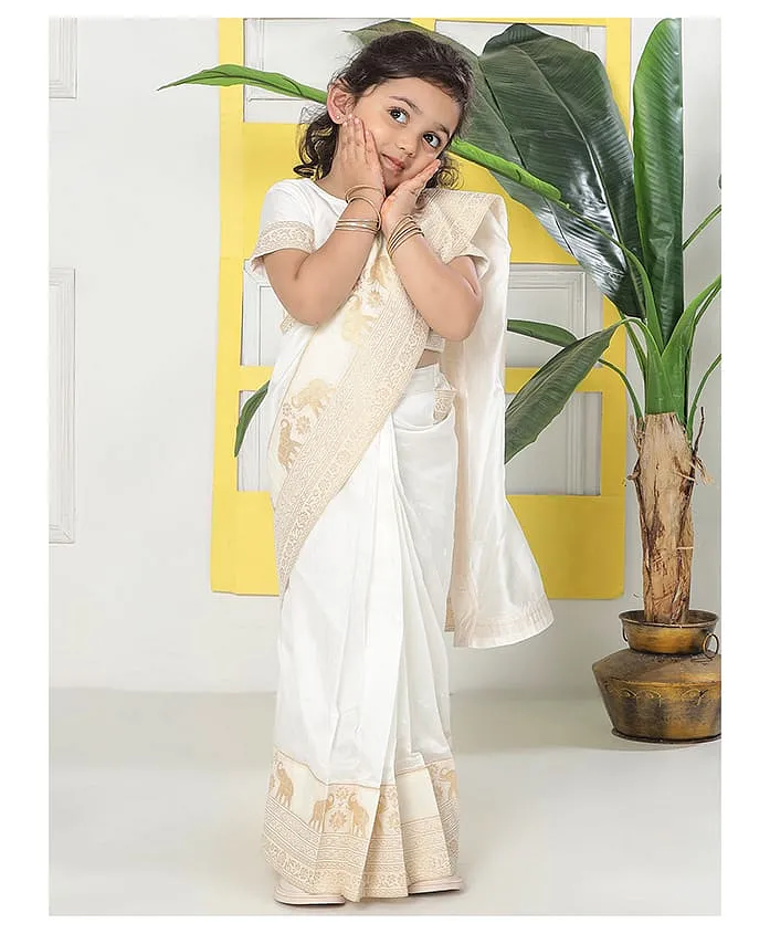 Aromie Girls Off-White Indian Girls Saree Canada with Gold Detailing, perfect for cultural events and celebrations.