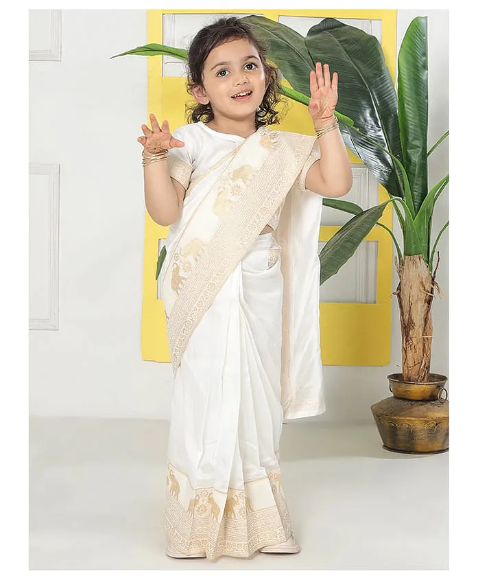 Aromie Girls Indian Girls Saree Canada in white silk with gold detailing, perfect for festive occasions