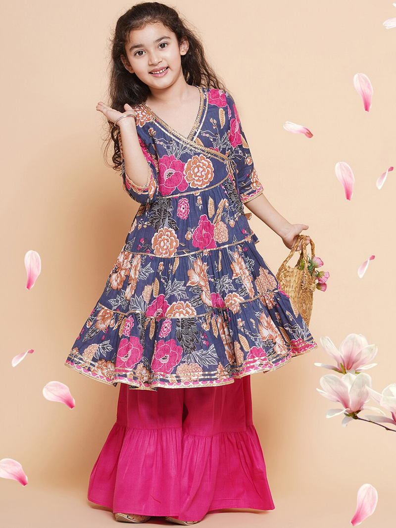 Aromie girls Indian kids dress in navy with vibrant floral print, suitable for celebrations in Canada