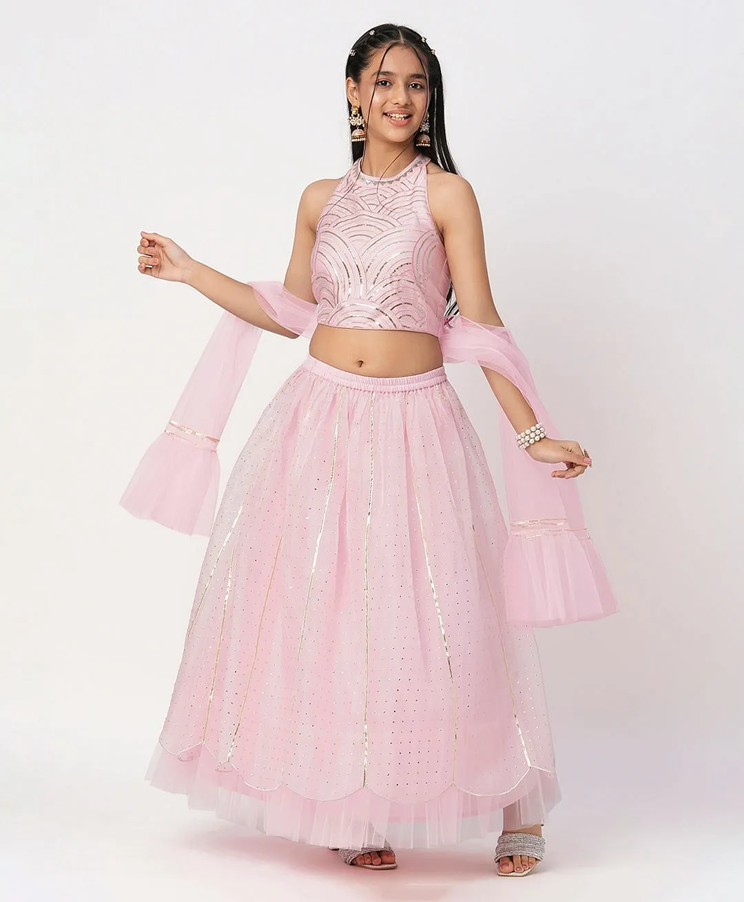 Aromie Girls Indian Kids Dress USA in pink with a sequined crop top and flowing skirt, perfect for festive occasions
