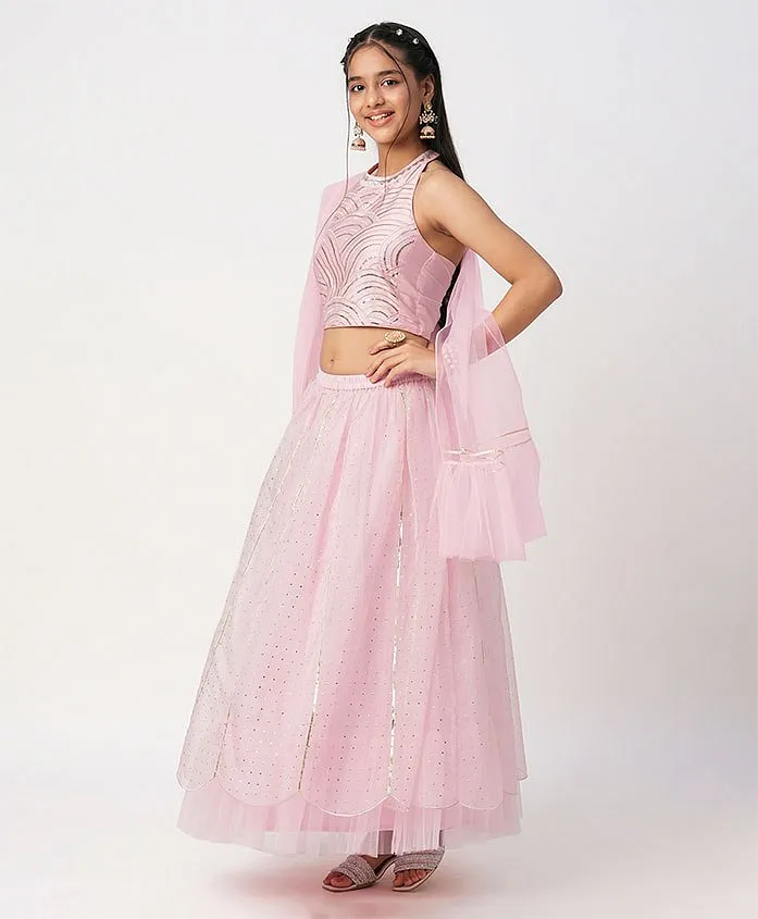 Aromie Girls Indian Kids Dress USA in pink, featuring a sequined crop top and a layered tulle skirt for special occasions