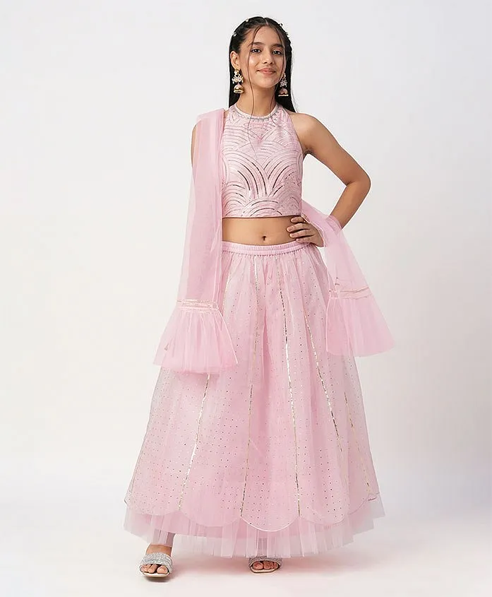 Aromie girls Indian Kids Dress USA in pink, featuring a shiny crop top and a flowy skirt with a dupatta, perfect for festive occasions.