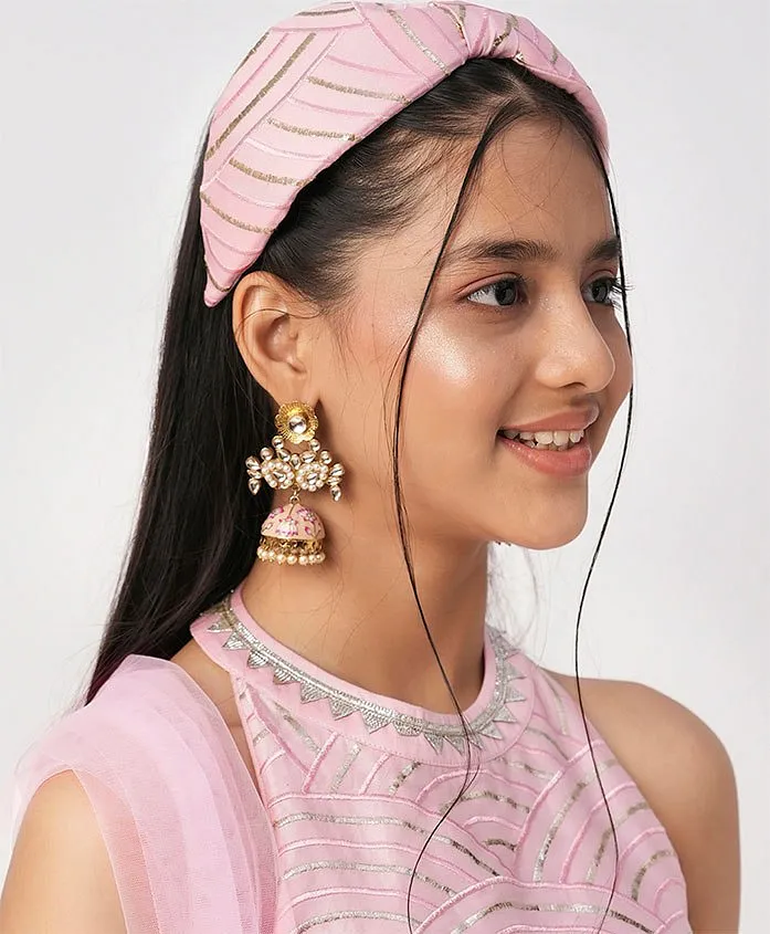 Aromie Girls Indian Kids Dress USA in soft pink with intricate gold detailing, perfect for festive occasions