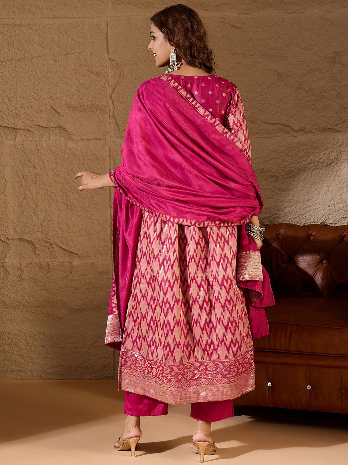 Aromie Three Piece Indian Kurta Set for Women Canada in pink with intricate designs and matching dupatta