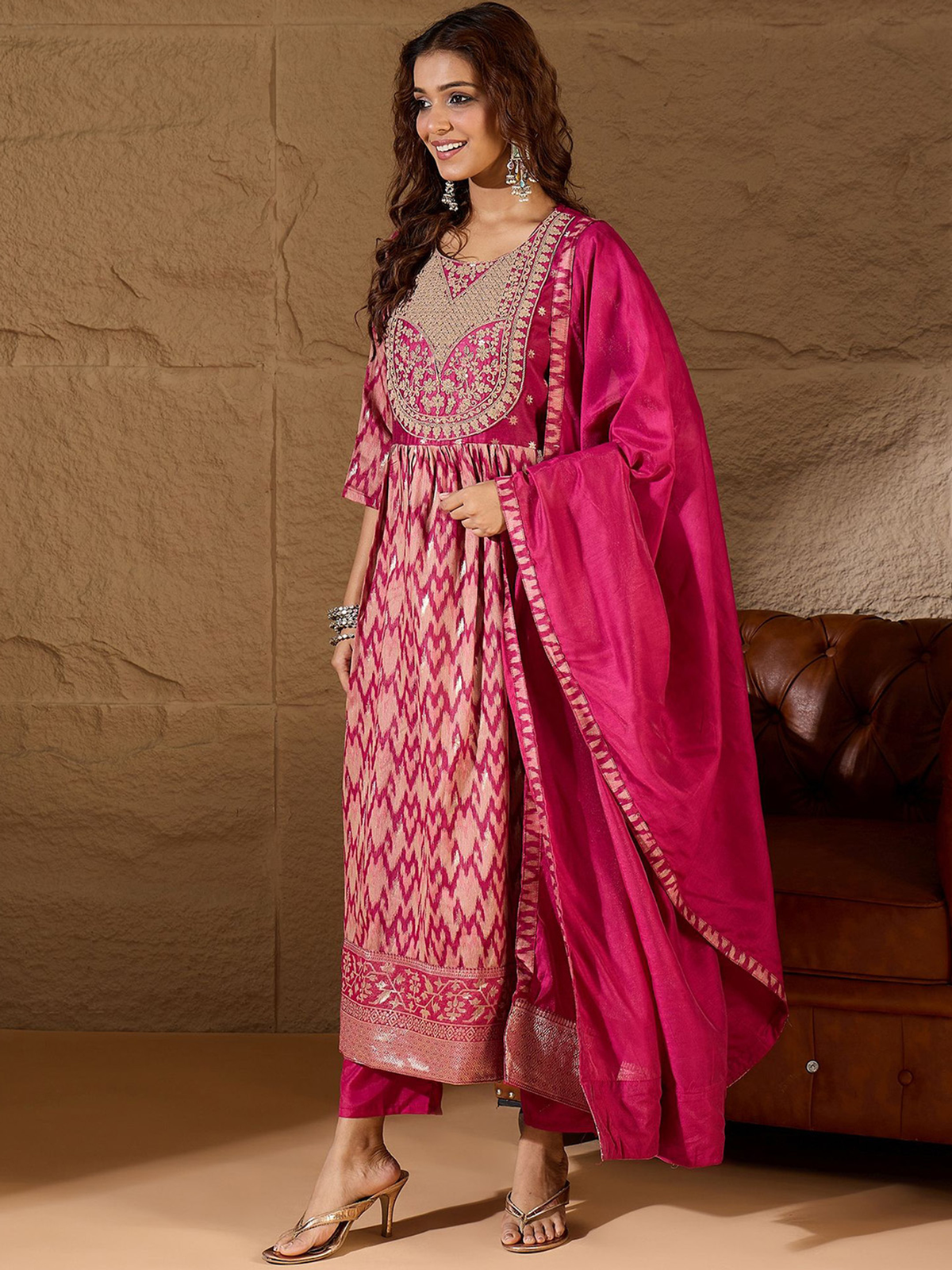 Elegant three piece Kurtha set for women by Aromie in pink, perfect for casual or festive occasions in Canada