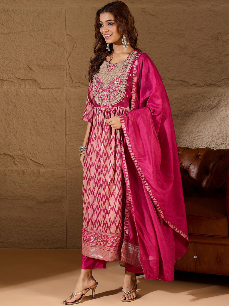 Elegant three piece Kurtha set for women by Aromie in pink, perfect for casual or festive occasions in Canada