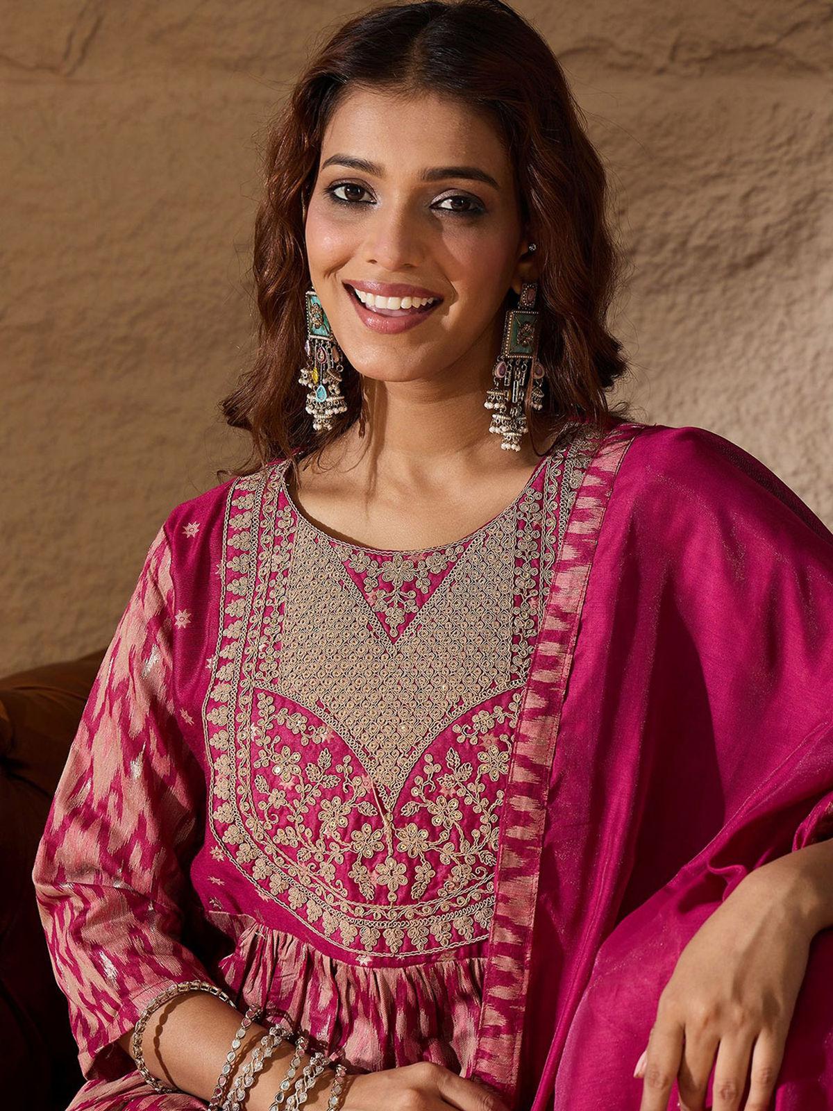 Aromie three piece kurta set for women in vibrant pink, showcasing intricate embroidery, perfect for casual wear in Canada