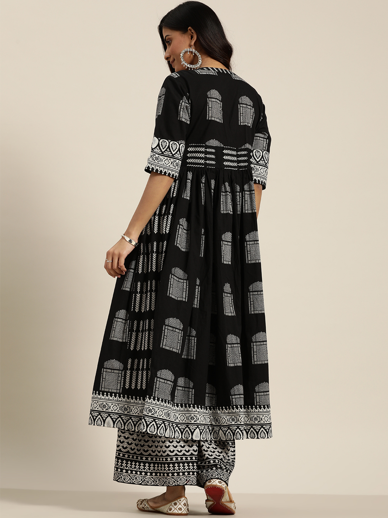 Black three piece kurta set with intricate patterns, perfect for casual wear or festive occasions in the USA