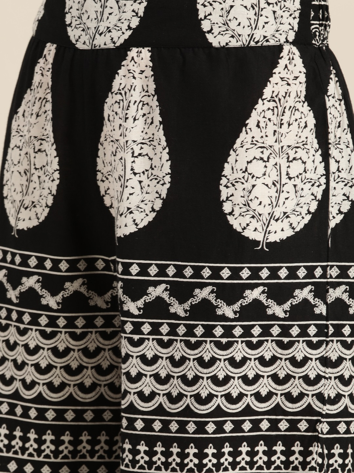Detail view of black and white Indian kurta set USA featuring intricate floral patterns, perfect for casual wear.