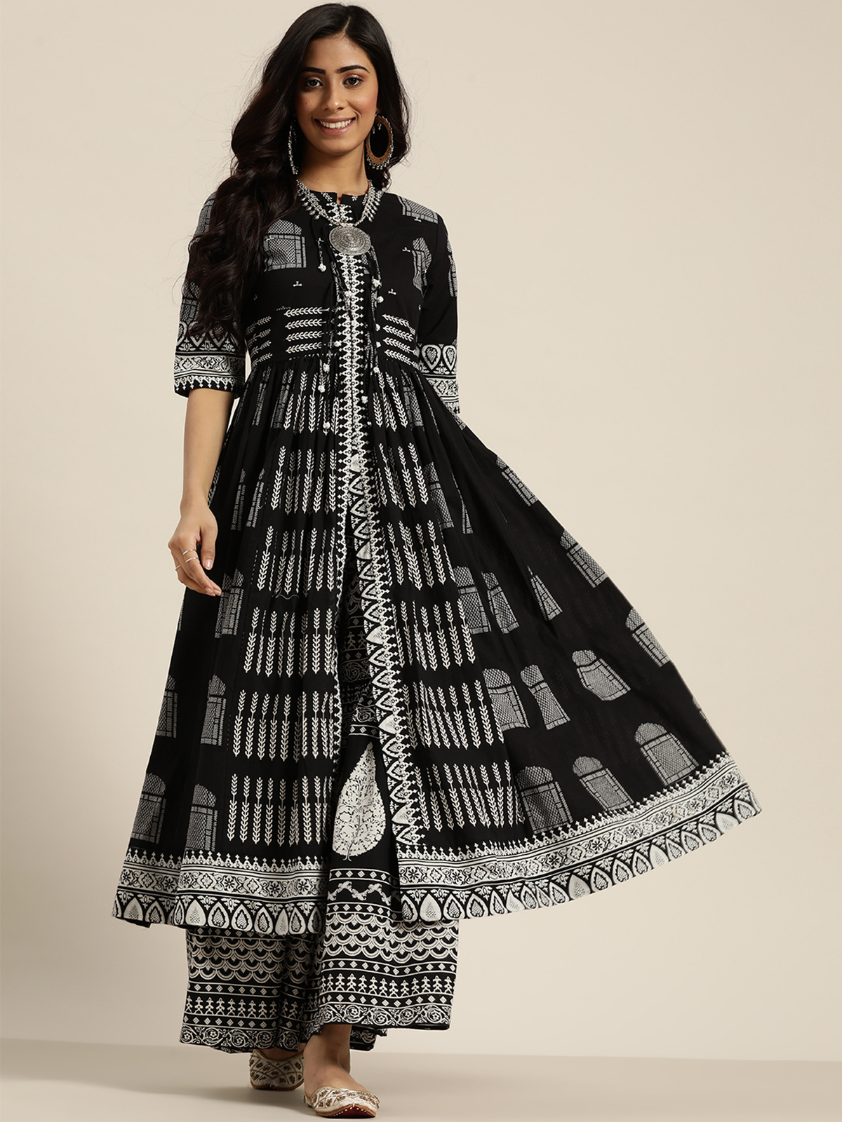 Aromie three piece Indian kurta set USA in black with elegant white prints, perfect for festive occasions