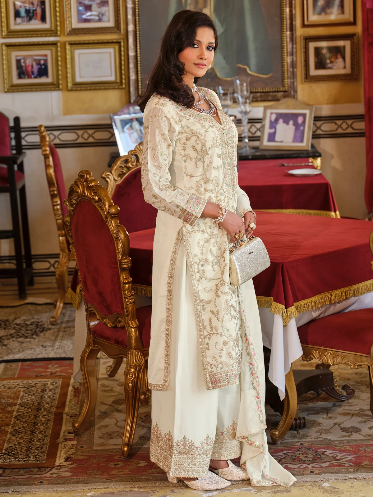 Elegant three piece Indian Kurta Set in cream with intricate embroidery, ideal for weddings in Canada