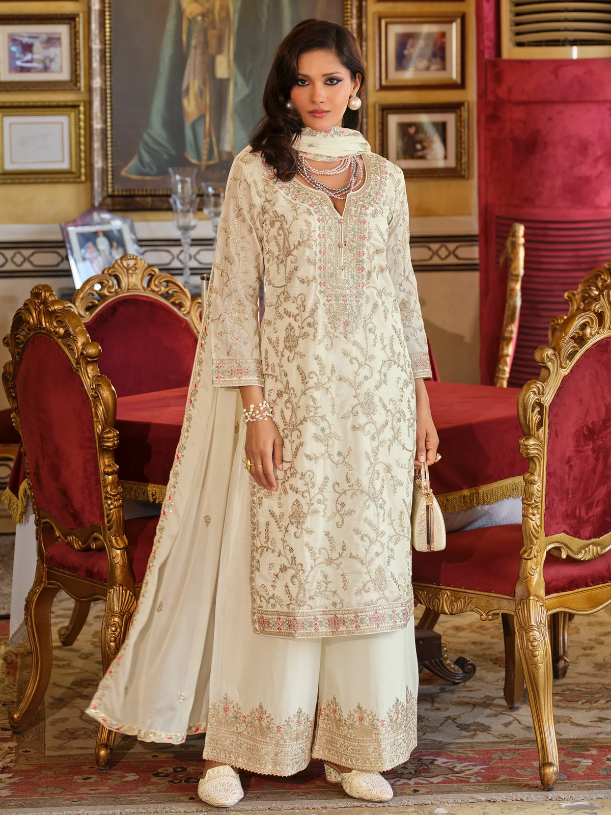 Three piece Indian Kurta Set in cream with intricate embroidery, ideal for weddings in Canada.