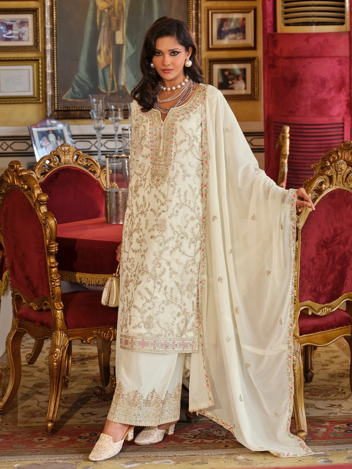 Elegant three piece Indian Kurta set in cream with intricate embroidery, perfect for weddings in Canada