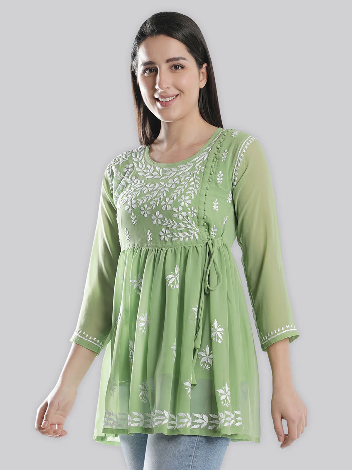 Aromie fusion wear green embroidered tunic with sheer overlay and waist tie Hand Embroidered Lucknowi Chikankari Kurta Canada