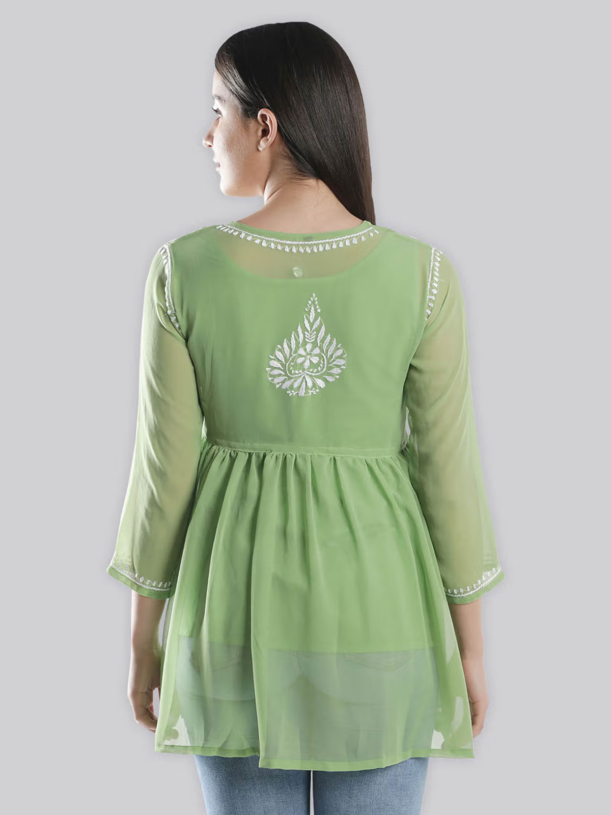 Hand Embroidered Lucknowi Chikankari Kurta Canada by aromie green sheer fusion wear back view with white embroidery