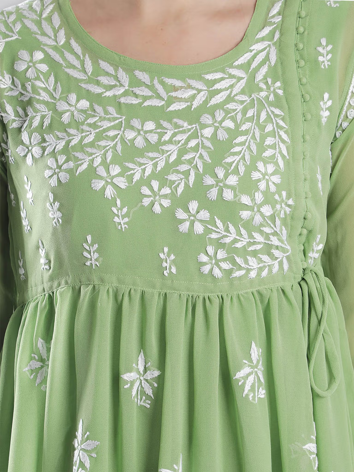 Hand Embroidered Lucknowi Chikankari Kurta Canada by aromie light green fusion wear with white floral embroidery and gathered waist