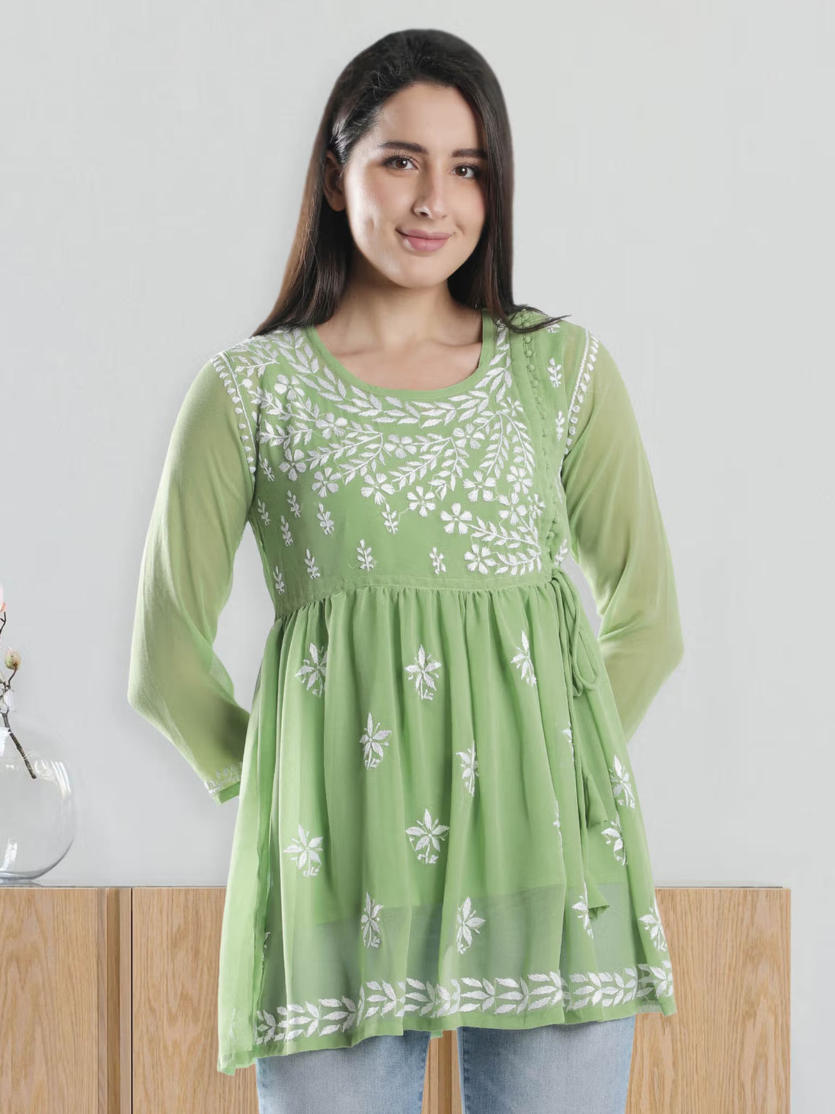 Hand Embroidered Lucknowi Chikankari Kurta Canada aromie light green fusion wear with white floral embroidery