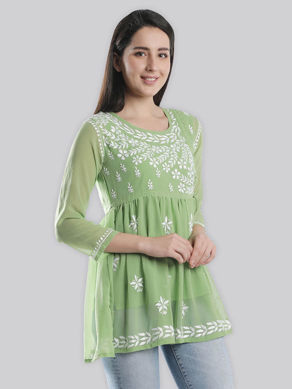 Aromie green embroidered tunic with white floral motifs on sheer sleeves Hand Embroidered Lucknowi Chikankari Kurta Canada