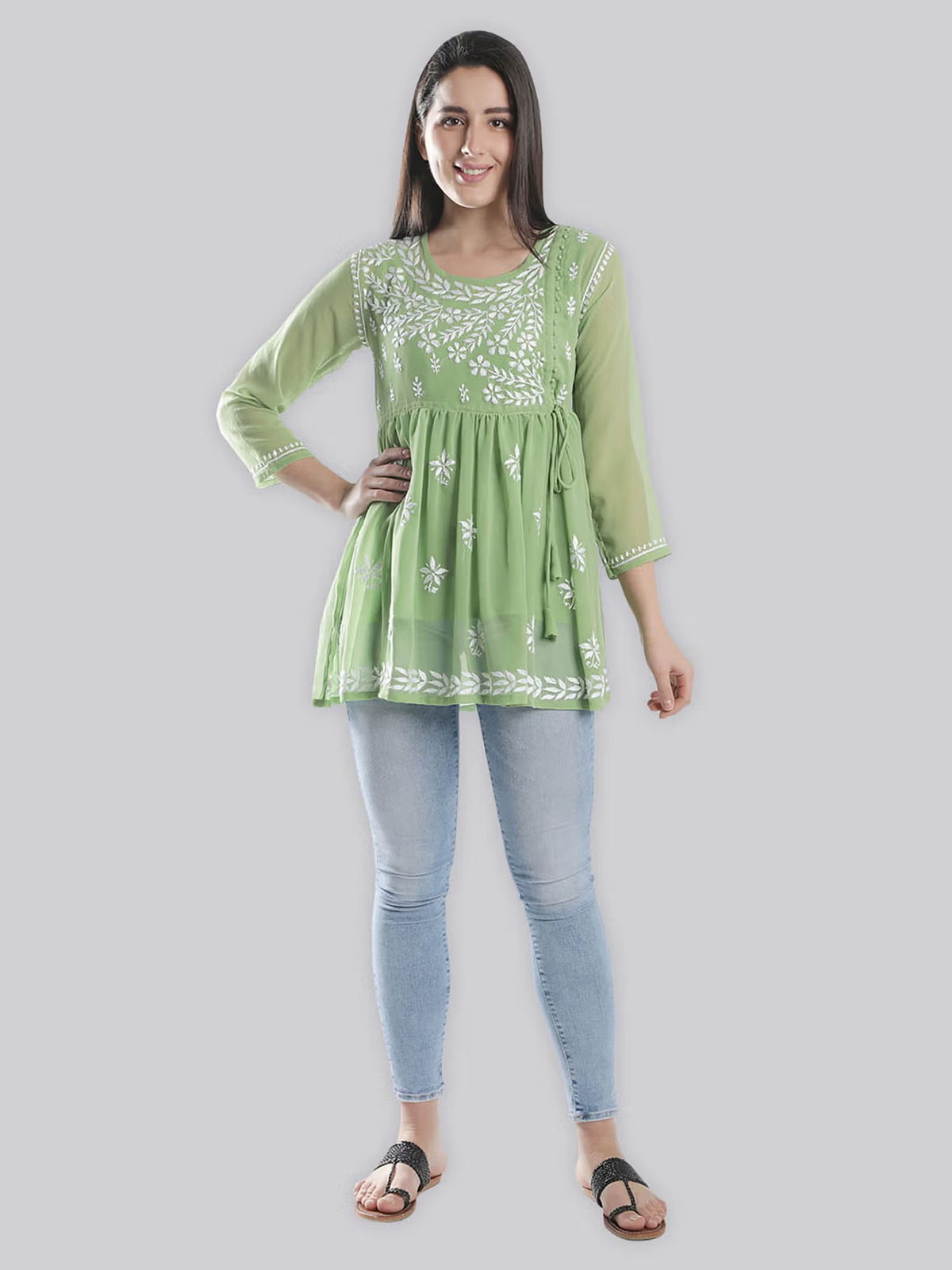Aromie fusion wear Hand Embroidered Lucknowi Chikankari Kurta Canada green tunic with white floral embroidery and drawstring waist