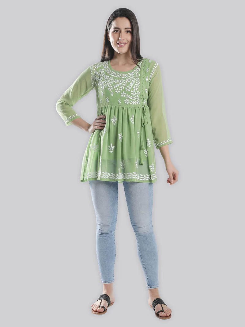 Aromie fusion wear Hand Embroidered Lucknowi Chikankari Kurta Canada green tunic with white floral embroidery and drawstring waist