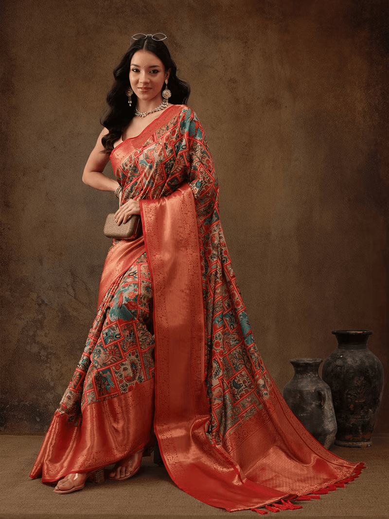 Kanjeevaram Pattu Kalamkari Printed Saree with Zari Border | Sustainable Festive Saree with Blouse Canada - aromie