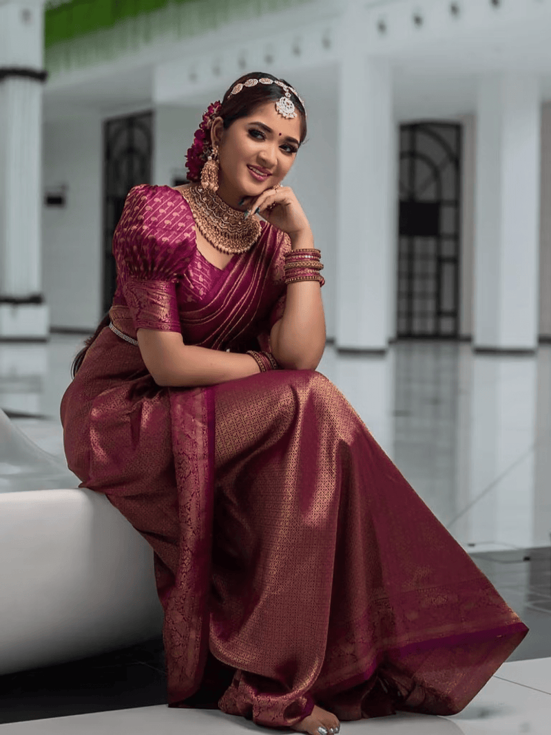 Kanjivaram Banarasi Woven Saree – Unstitched Blouse Included for Personalization - aromie