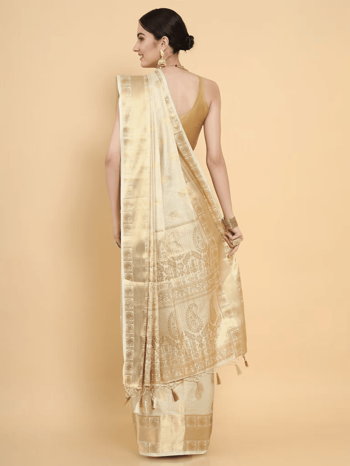 Kasavu Art Silk Saree for Wedding | Zari Border Saree with Blouse Canada - aromie