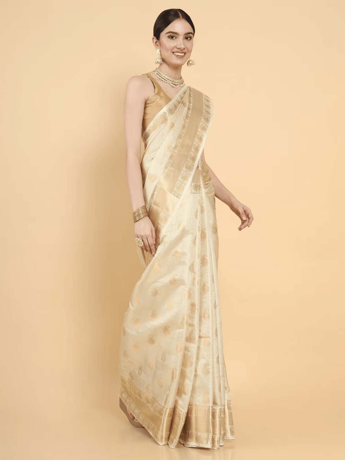 Kasavu Art Silk Saree for Wedding | Zari Border Saree with Blouse Canada - aromie