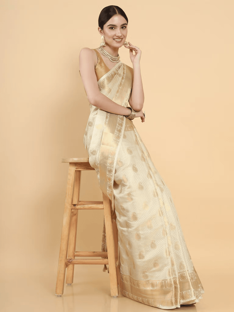 Kasavu Art Silk Saree for Wedding | Zari Border Saree with Blouse Canada - aromie