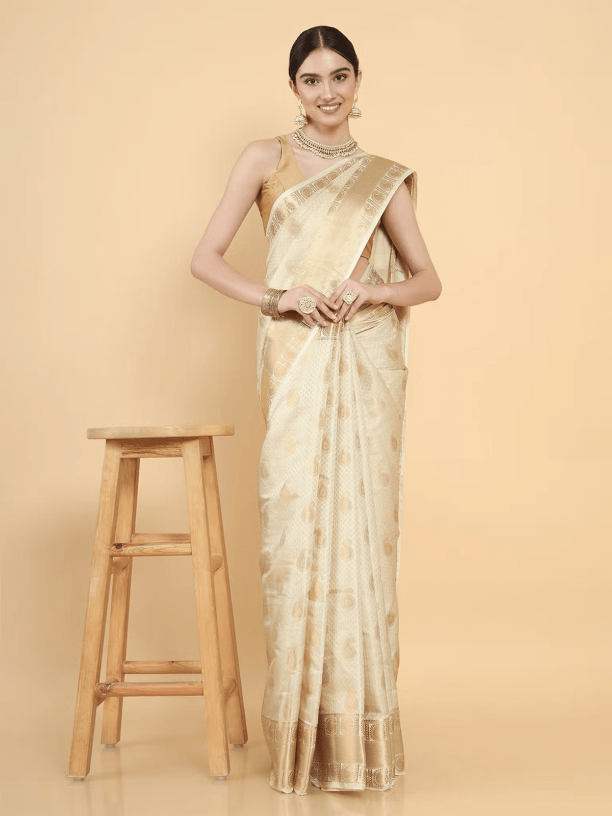 Kasavu Art Silk Saree for Wedding | Zari Border Saree with Blouse Canada - aromie