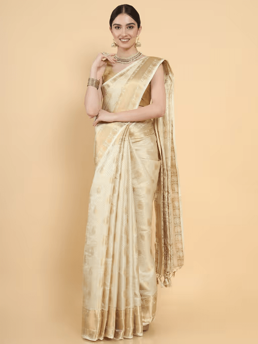Kasavu Art Silk Saree for Wedding | Zari Border Saree with Blouse Canada - aromie