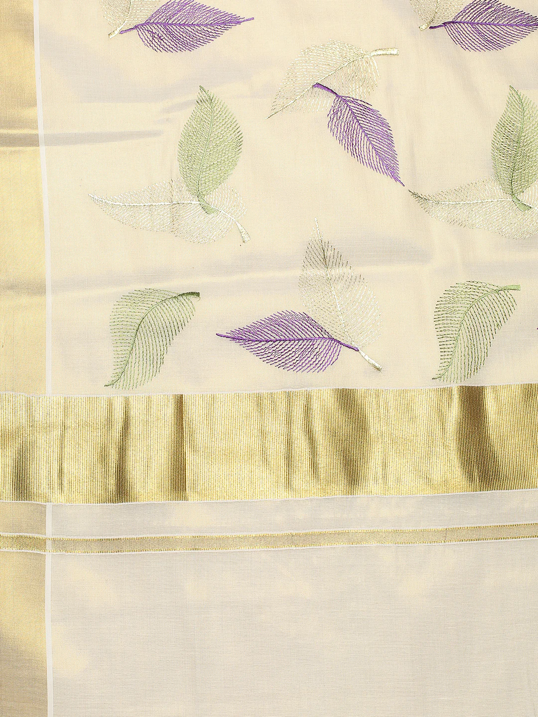 Cream Kerala Saree Online with colorful leaf embroidery, perfect for festive occasions and weddings.