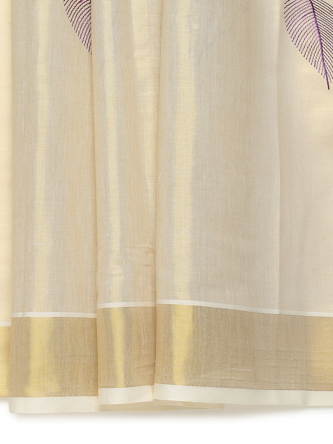Cream Kerala Saree Online in lightweight fabric, features delicate leaf patterns, perfect for festive occasions