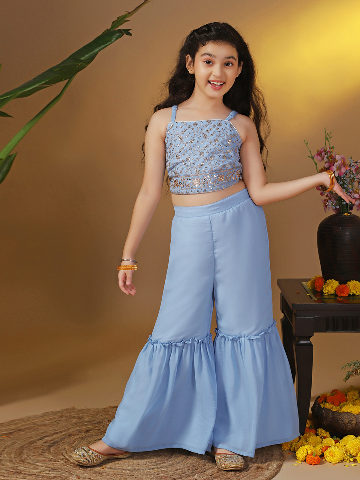 Aromie Girls Kids Kurta Set Canada in blue with floral embroidery, featuring a crop top and wide-leg pants, perfect for festive occasions.