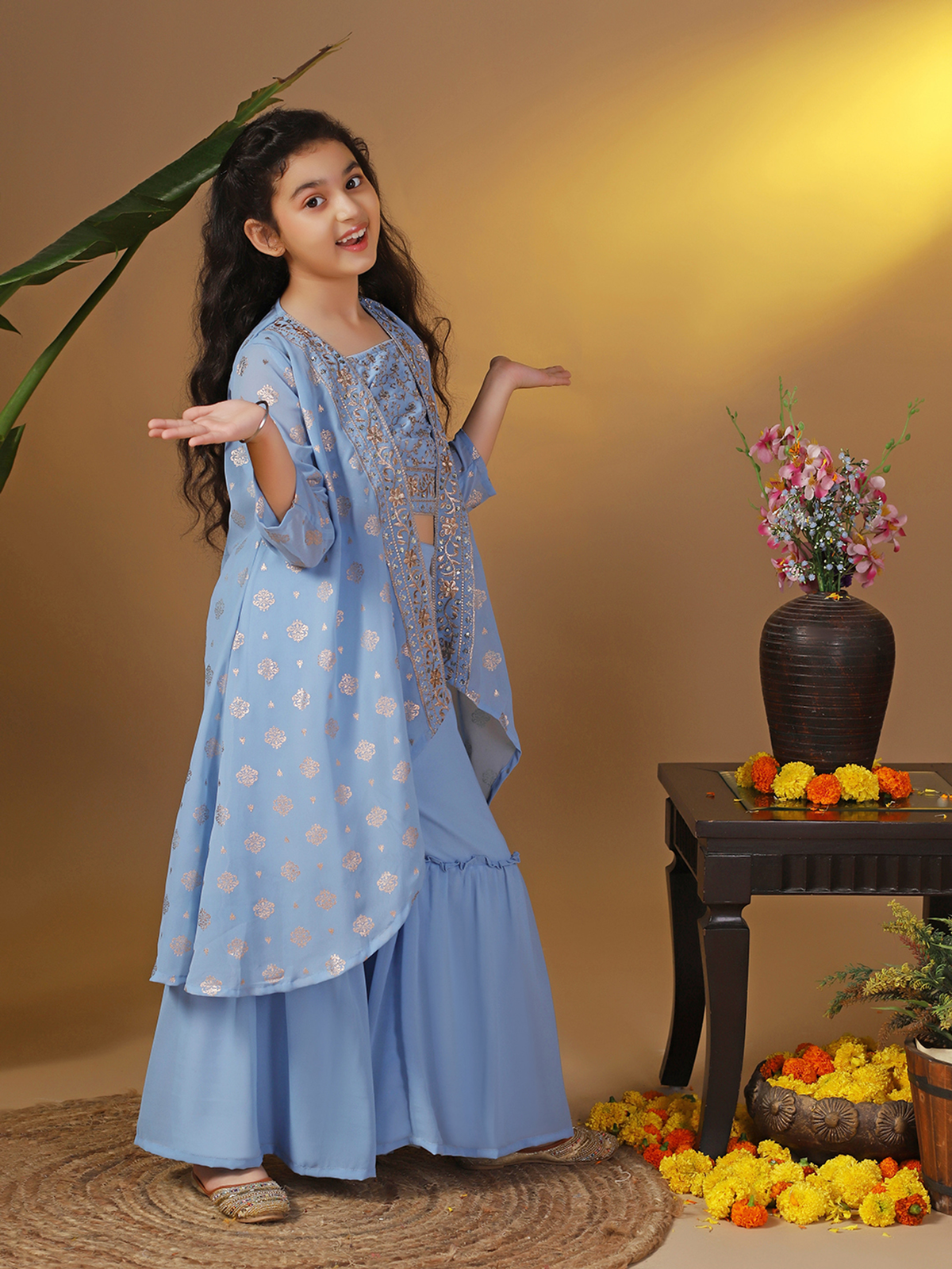 Light blue Aromie girls Kurta set with intricate embroidery, perfect for festive occasions in Canada