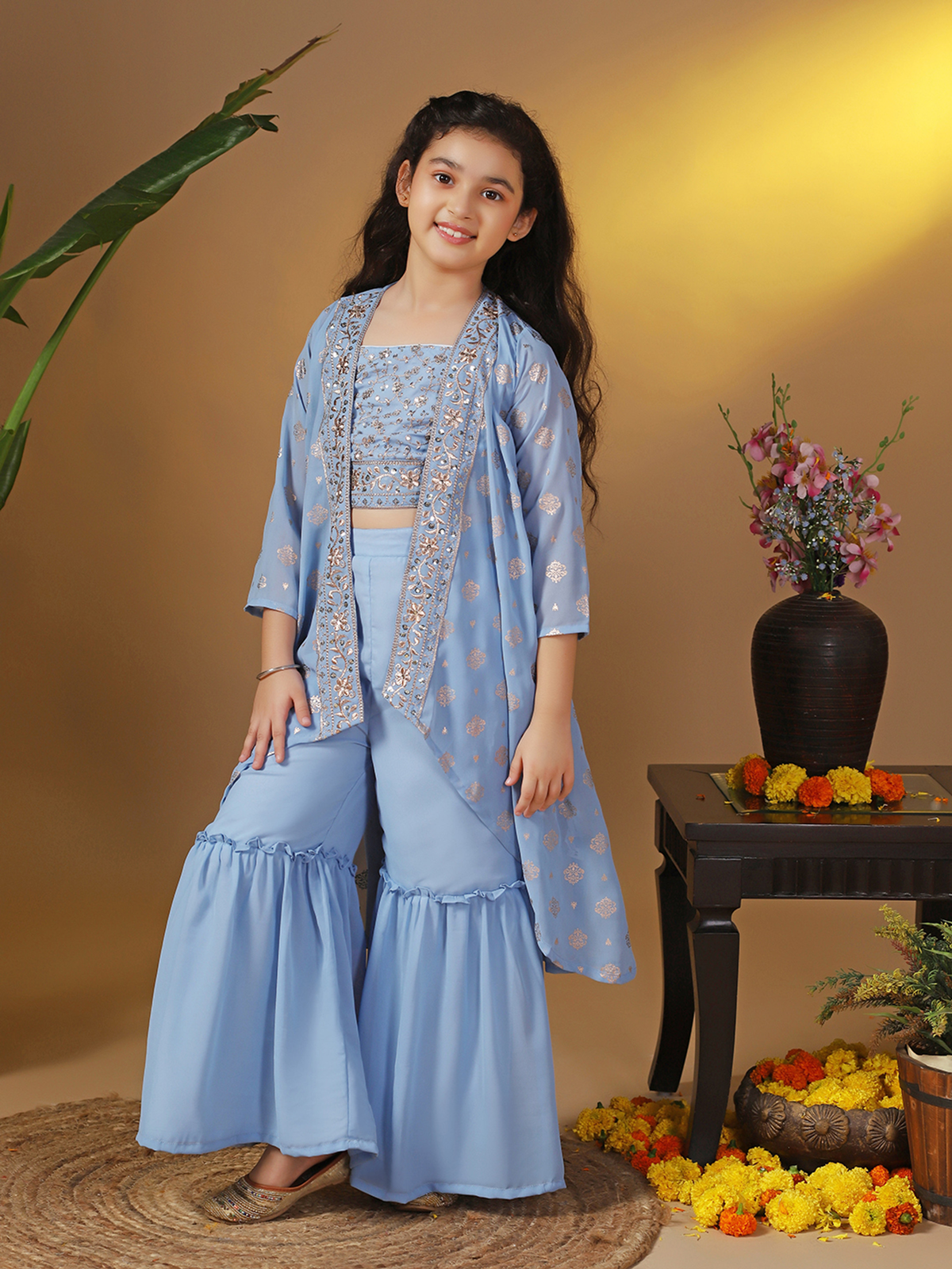 Aromie Girls Kids Kurta Set Canada in light blue with detailed embroidery, perfect for festive occasions