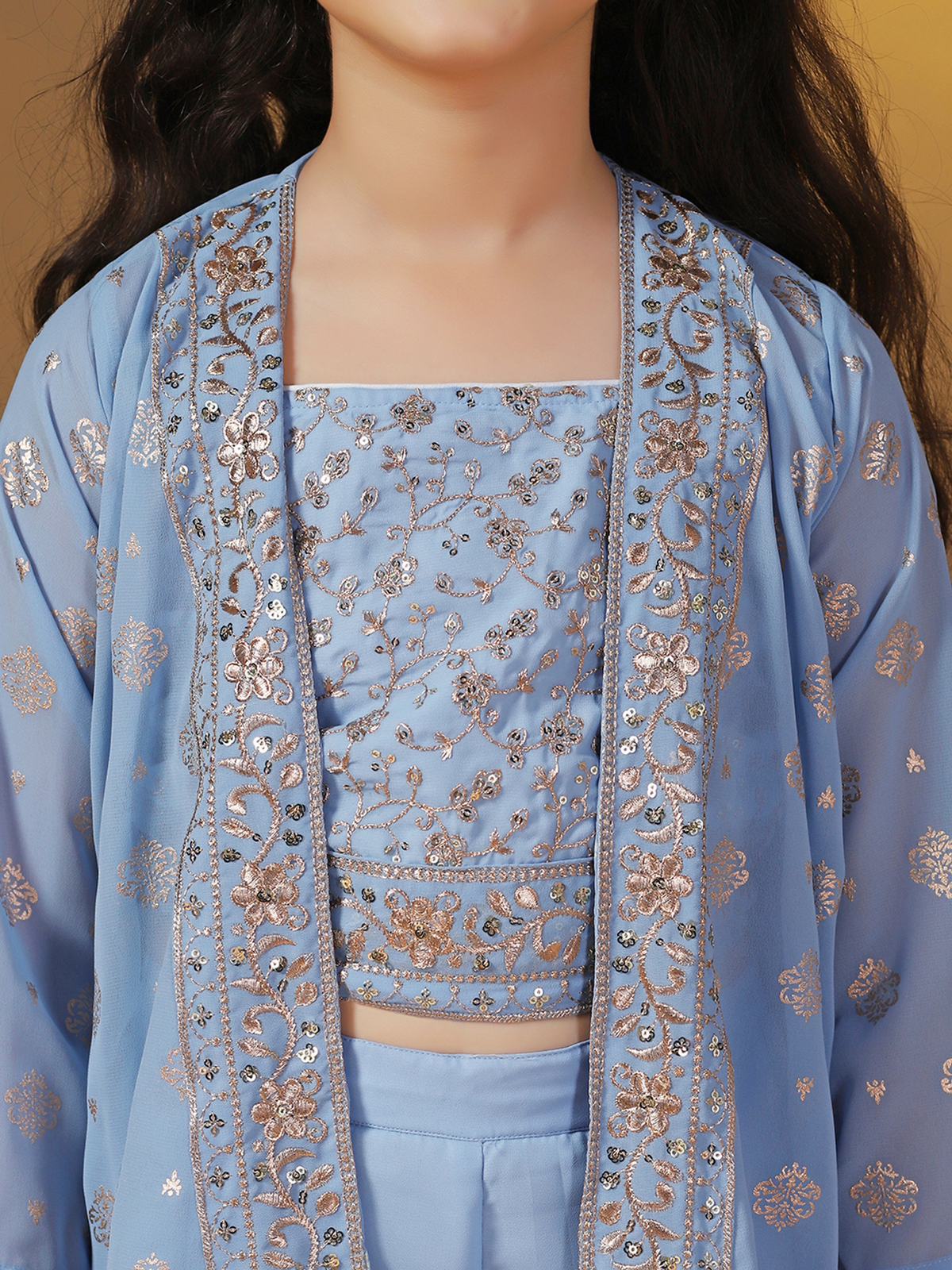 Aromie Girls Kids Kurta Set Canada in light blue, featuring intricate embroidery for festive occasions