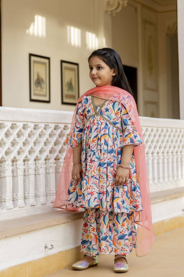 Aromie Girls Floral Print Kids Kurta Set USA Canada in Multicolor with a Pink Dupatta, perfect for festive occasions.