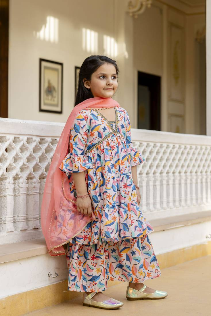 Aromie Girls Floral Kids Kurta Set USA Canada in pastel colors, featuring ruffled sleeves and a matching dupatta for festive occasions