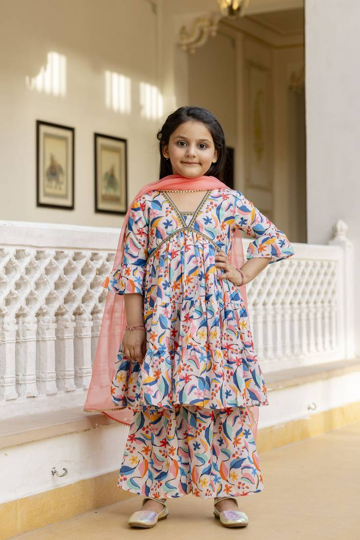 Colorful floral printed girls kurta set with pink dupatta, perfect for festivals and celebrations in USA Canada.