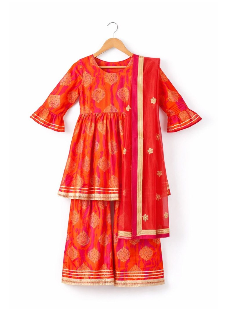 Aromie Girls Kids Lehenga in vibrant orange and pink with floral patterns, perfect for festive celebrations
