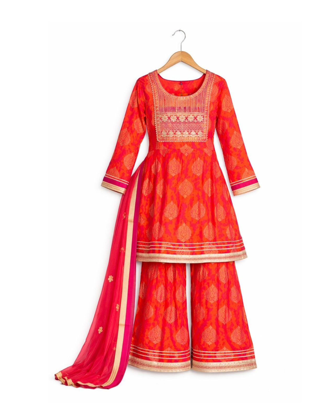Aromie Girls Bright Pink Kids Lehenga USA Set with Long Sleeves, Detailed Fabric, and Matching Dupatta for Festive Wear